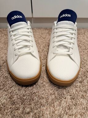 adidas White Leather Sneakers with Navy Heel Tab and Gum Sole